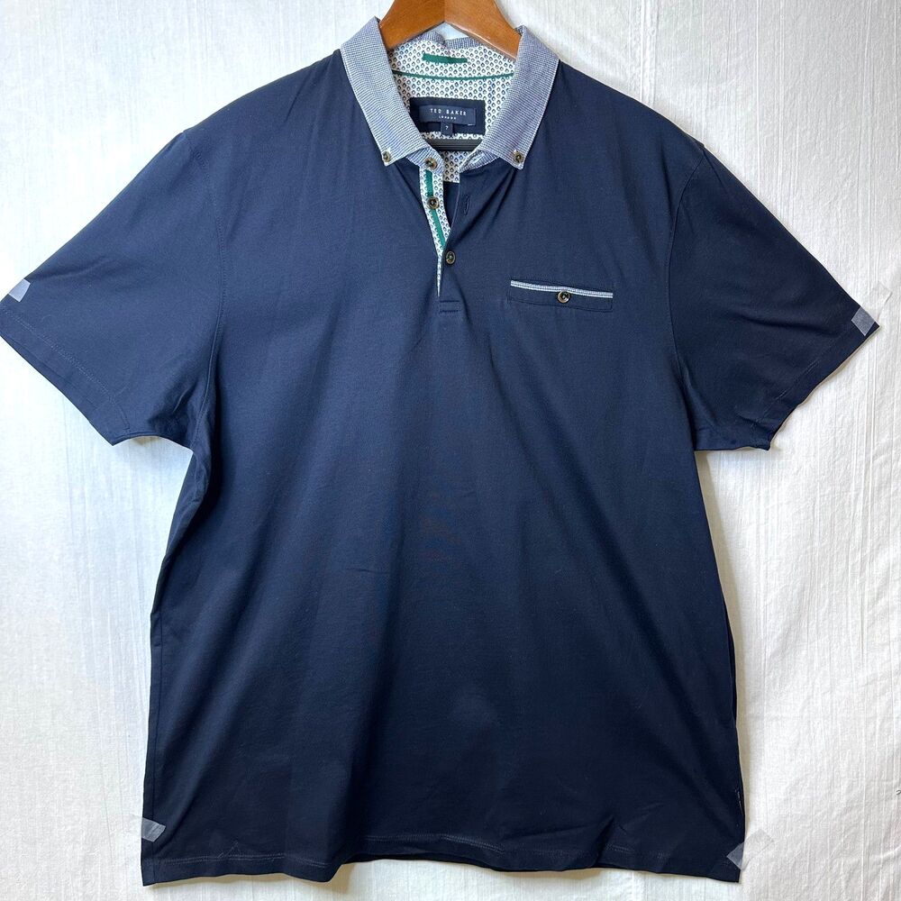 Ted Baker London Men Navy Blue 100% Cotton Button Collar Polo Shirt Size 7 (XXL)